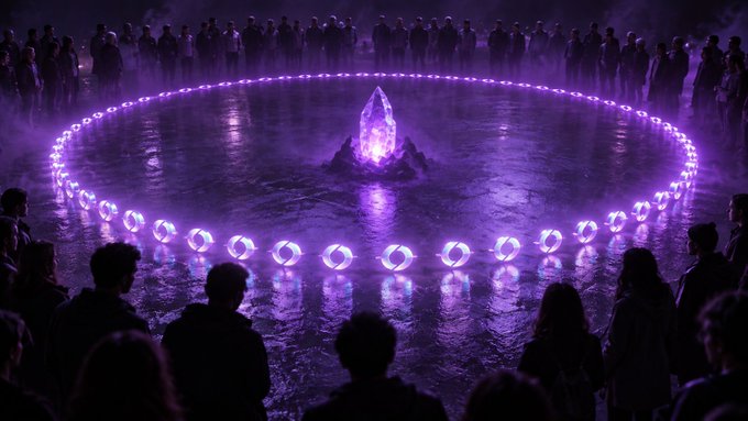 A crowd gathers around a circular ritual of glowing purple portals surrounding a luminous crystal in a misty landscape.