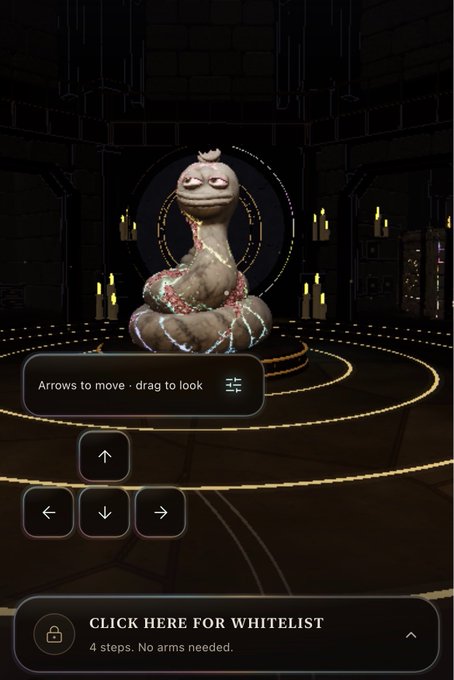 Mobile game screenshot showing a stone statue in a candle-lit chamber with on-screen controls ('Arrows to move · drag to look') and a 'CLICK HERE FOR WHITELIST' button stating '4 steps. No arms needed.'
