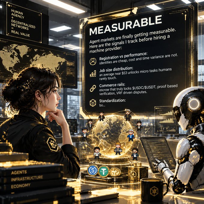 A futuristic scene shows a woman and a robot examining a glowing holographic display titled 'MEASURABLE' about agent markets, listing 'Registration vs performance,' 'Job size distribution,' 'Commerce rails,' and 'Standardization,' with 'HUMAN AGENCY,' 'DECENTRALIZED NETWORKS,' and 'REAL VALUE' visible on a side panel.