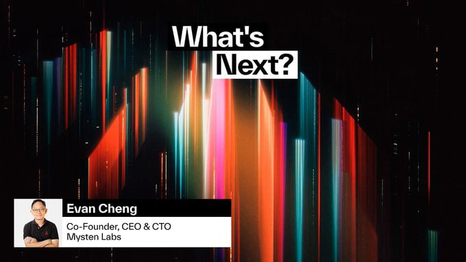 A 'What's Next?' title slide featuring Evan Cheng, Co-Founder, CEO & CTO of Mysten Labs, with colorful abstract graphics.