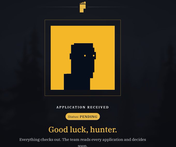 A dark-themed status screen displaying a yellow pixel-art silhouette of a person, with the text 'APPLICATION RECEIVED', 'Status: PENDING', and 'Good luck, hunter.'