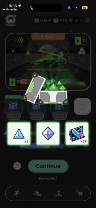 A screenshot from the STEPN mobile app showing a Walker sneaker NFT with Lv.20 level, energy charging at 2700/2756kcal, and rewards of x2 Blue, Green Gems, and x19 Mystery Boxes, alongside in-game currency balances of 1386.44 GST, 14242.72 GMT, and 0 SOL. The interface displays a "Continue" button and various gameplay stats consistent with the L1700 R18000 STEPN reference.