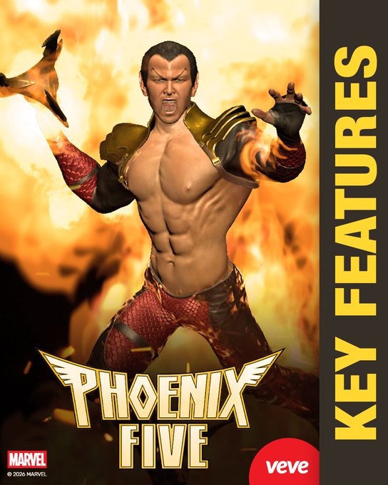 A digital collectible figure of a fierce, bare-chested Namor with fiery phoenix wings and red-scaled attire is displayed with bold "PHOENIX FIVE" branding and "KEY FEATURES" text along the right side, alongside the Marvel and VeVe logos at the bottom. The image showcases one of the three animated digital collectibles mentioned in the post, highlighting the Phoenix-themed Namor designed to complete the Phoenix Five diorama.
