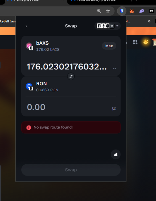 A swap interface shows an attempt to exchange 176.02 bAXS for RON, but the transaction fails with a "No swap route found!" error message. The user appears to be troubleshooting an issue with converting their bAXS tokens on the Ronin network.