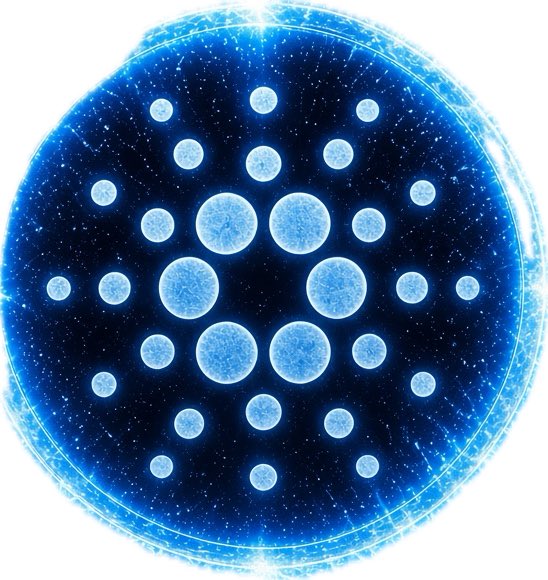 A glowing blue circular digital illustration featuring a pattern of luminous orbs arranged in concentric circles, resembling the Cardano (ADA) cryptocurrency logo with a cosmic/tech aesthetic.