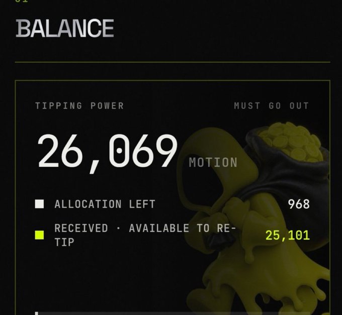 A "Balance" screen displays a tipping power balance of 26,069, with 968 in motion and 25,101 received/available to re-tip, illustrating the user's available tip earnings that support their goal of sharing 300-500 tip re-distributions with five recipients via @motiontip.