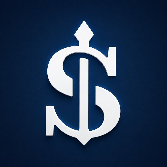 A stylized white dollar sign with an anchor integrated into its design, set against a dark blue background, symbolizing the fusion of maritime shipping and finance for the "Ethra Ship" blockchain initiative.