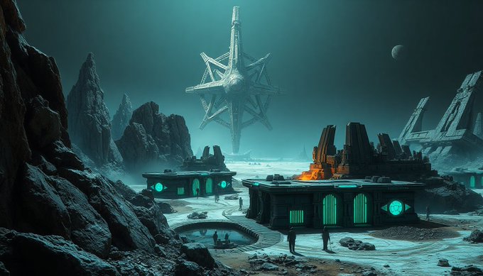 A towering, star-shaped alien monolith dominates a desolate alien landscape, casting an eerie teal glow over futuristic outposts and scattered human figures in a post-event scene that mirrors the "Aftermath" aftermath of Sonentius' Month 2 storyline on the Soneium blockchain. The cryptic structures and isolated settlement evoke a world reshaped by cosmic conflict, setting the stage for Chapter 4's encounter with the Sonentius boss.
