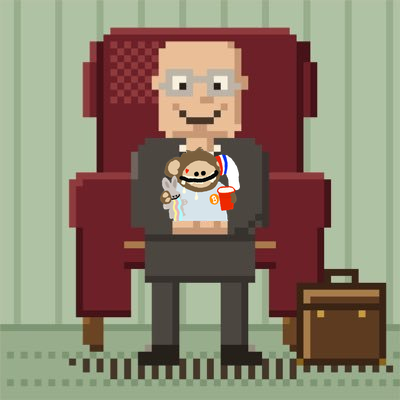 A pixel art animation still showing an older man with glasses sitting in a red armchair holding a small white dog, with a brown briefcase on the floor beside him.
