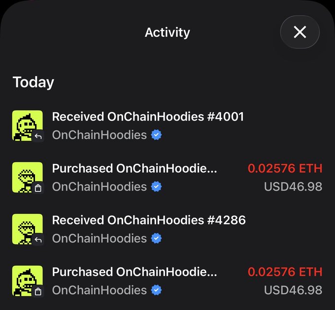 Mobile screenshot of an 'Activity' feed showing NFT transactions for 'OnChainHoodies,' including receiving #4001 and #4286, and purchasing items for 0.02576 ETH (USD 46.98) each.