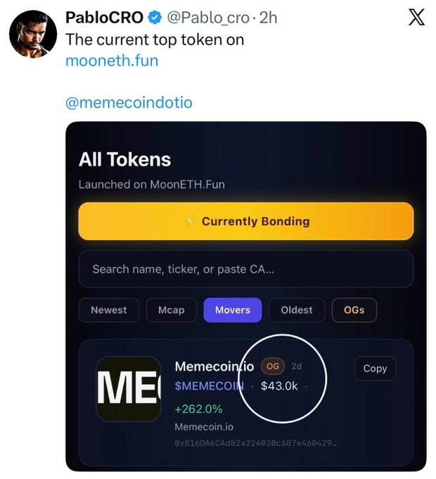 A tweet from PabloCRO (@Pablo_cro) states 'The current top token on mooneth.fun' and shows a screenshot of the mooneth.fun interface with @memecoindotio highlighted as a token called Memecoinio ($MEMECOIN) with a $43.0k market cap and +262.0% gain.
