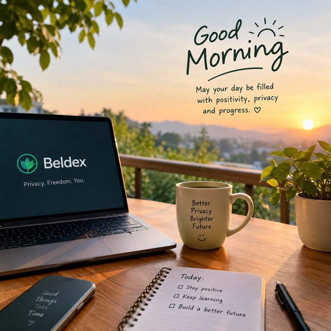 A motivational morning scene features a laptop displaying the 'Beldex' logo with tagline 'Privacy. Freedom. You.', a coffee mug reading 'Better Privacy Brighter Future', and a to-do list on a balcony overlooking a sunrise, with text 'Good Morning - May your day be filled with positivity, privacy and progress.'