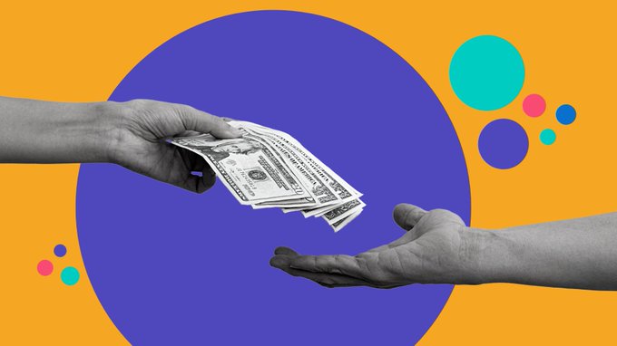 Two hands exchange US dollar bills against a vibrant orange and purple background with colorful circles. The image visually represents the lending and borrowing of money, which ties into the post about an upcoming video covering a new lending protocol on the XRP Ledger.