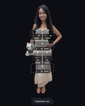 A young woman poses holding a white cat plush, with several measurement overlays indicating body proportions in 'HYPE' units, labeled 'hypobean.xyz' at the bottom.