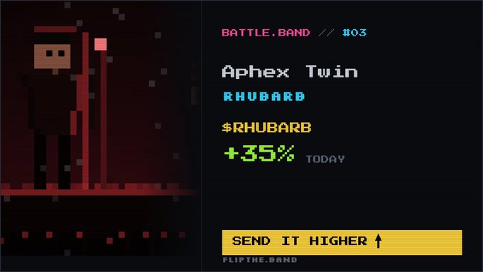 A pixel art interface for a game or app titled 'BATTLE.BAND // #03' showing a character and the name 'Aphex Twin' for the track 'RHUBARB', which is at +35% TODAY.