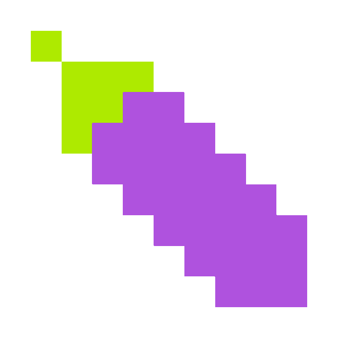 A diagonal arrangement of overlapping squares in lime green and purple, representing token #89 from an 11x11 generative art project created on networked.art to celebrate Ethereum's 11th birthday.