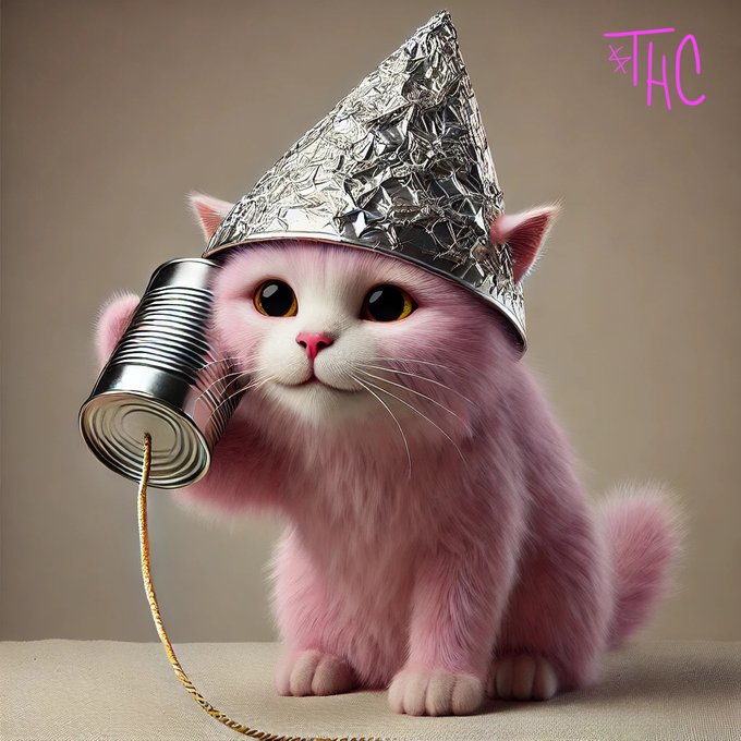 The image features a pink cat wearing a silver tin foil hat, sitting next to a can of soda with its paw holding the top of the can. The cat appears to be engaged in a conversation or listening to someone on the other end of the line using the soda can as a makeshift telephone. The post reads "new phone who dis? $THC $S", which suggests that this image might have been created for promotional purposes, possibly related to a product or service involving the use of tin foil hats and soda cans.