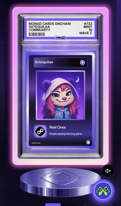 A neon-lit display case showcases a freshly minted Monad Card (#732) for the "Oxtequilaa Community," featuring a vibrant pink-haired character avatar under the banner "Real Ones - People playing the long game," celebrating the card's successful minting in Mint 10, Wave C.