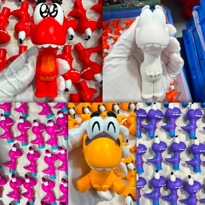 A collage of photos showing small plastic dinosaur figurines in various colors—red, white, pink, orange, and purple—being handled by gloved hands, likely from a factory or production line.