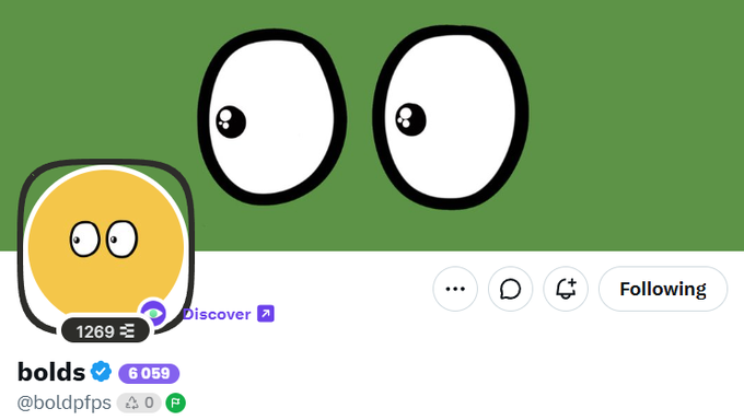 A Twitter/X profile for 'bolds' (@boldpfps) showing a cartoonish yellow emoji-like avatar with googly eyes, featuring 6059 followers and a 'Following' button.