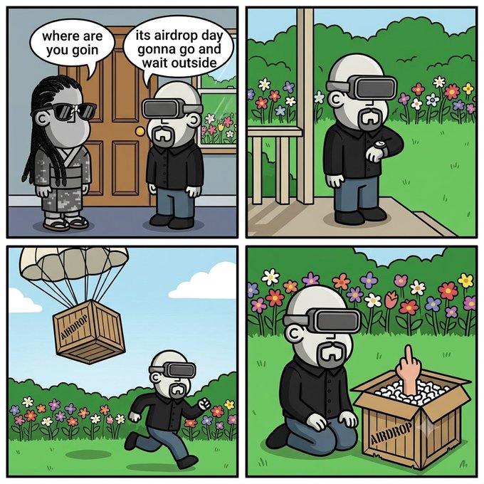 A four-panel cartoon comic where a bearded man in a VR headset goes outside on 'airdrop day,' runs to catch a parachute-delivered crate, and finds only a middle finger sticking out.