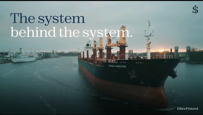 A large cargo ship named 'ETHRA MARITIME' sailing on water at sunset with the text 'The system behind the system.' and 'Ethra Protocol' overlaid on the image.
