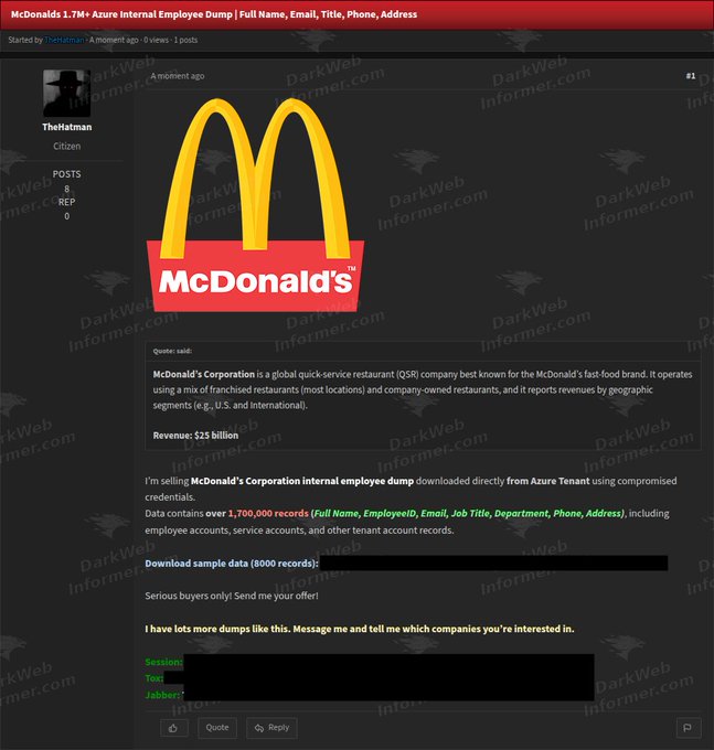 A dark web forum post titled 'McDonalds 1.7M+ Azure Internal Employee Dump' by user 'TheHatman', advertising the sale of 1,700,000 internal employee records including names, emails, and job titles, marked with 'DarkWeb Informer.com' watermarks.
