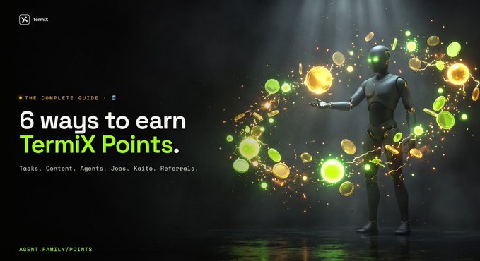 A promotional graphic titled 'THE COMPLETE GUIDE: 6 ways to earn TermiX Points' with text 'Tasks. Content. Agents. Jobs. Kaito. Referrals.' and 'AGENT.FAMILY/POINTS', featuring a metallic humanoid figure surrounded by glowing green and gold orbs.