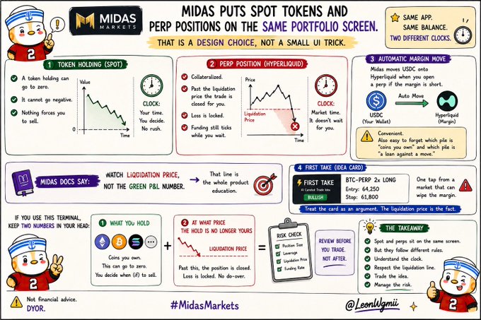 An infographic from MIDAS Markets explaining that spot tokens and perp positions are shown on the same portfolio screen, detailing token holding, Hyperliquid liquidation mechanics, automatic margin movement, and trade takeaways with the hashtag #MidasMarkets.