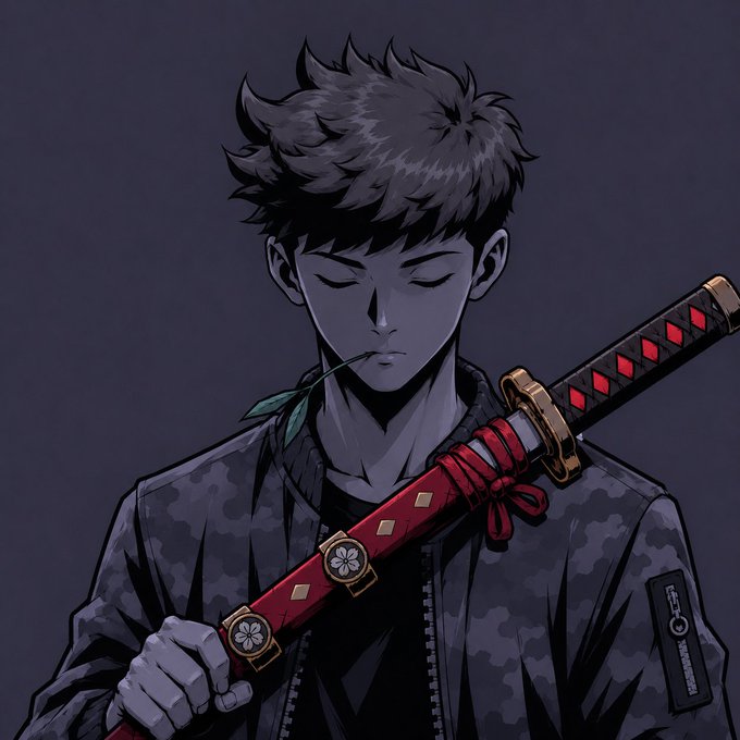 Anime-style illustration of a young man with closed eyes and dark hair holding a red katana with floral designs in its sheath.