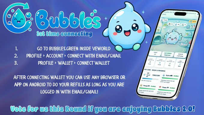 A colorful graphic for 'Bubbles 1st time connecting' featuring a cute water drop character, with instructions to go to bubbles.green inside Voxels and connect wallet/email, alongside a phone showing the Bubbles 2.0 interface.