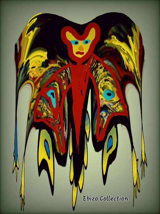 An abstract digital artwork featuring a red, vaguely humanoid figure with large wings, set against a yellow and black background with the text 'Ebizo Collection' at the bottom.