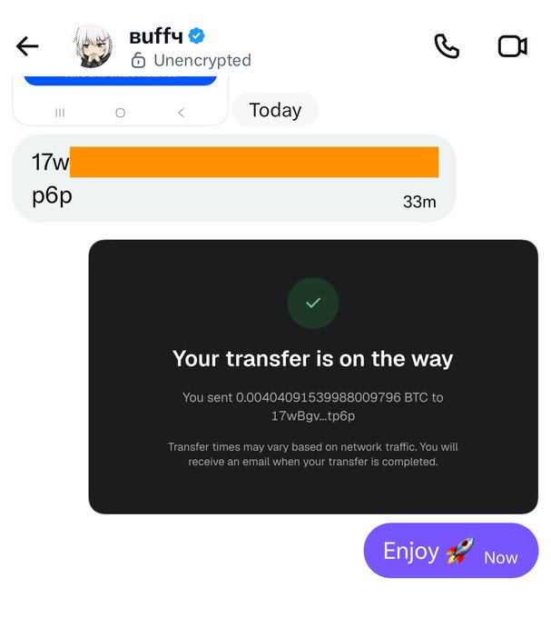 A conversation with user "buffy" shows a BTC transfer confirmation indicating "Your transfer is on the way" — 0.00404091539988009796 BTC was sent to address 17wBgv…tp6p, presumably as part of a cryptocurrency giveaway promotion. The screenshot serves as proof to followers that the BTC payment has been successfully initiated.