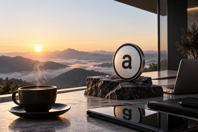 A serene sunrise scene viewed from a modern interior featuring a steaming coffee cup on a saucer, a laptop, a smartphone, and a 3D 'a' logo on a stone pedestal overlooking misty mountain valleys.