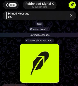 A screenshot of the "Robinhood Signal X" Telegram channel (ID: 3063) showing 10 subscribers and a pinned message "GM," with a bright green leaf logo and a notification that the channel photo was updated—visually tying into the post about Robinhood chain catching plays.