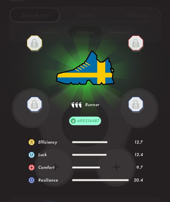 The image shows a black background with a blue shoe design featuring a yellow swan logo, surrounded by white circles. The text "スウェーデンでした" is written below the shoe design. The caption of the image reads " デザイン良きでおいて StepN #StepN". This suggests that there might be an interactive element in the image, possibly related to a game or activity involving the swan logo and the shoe design.