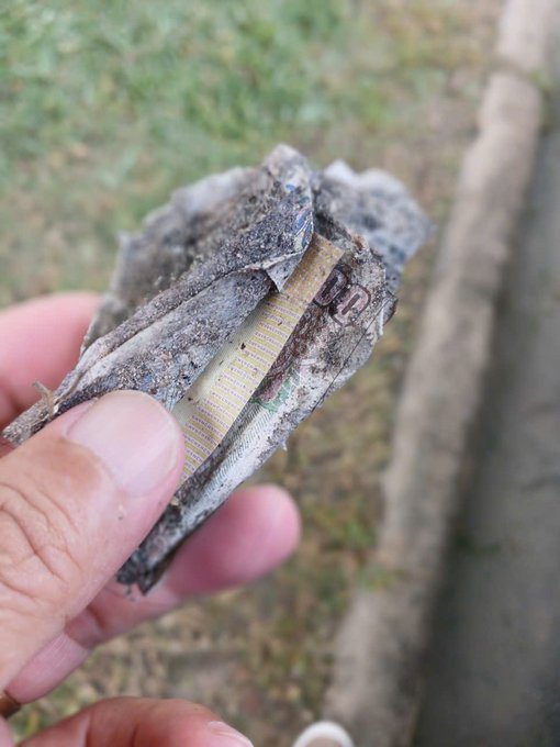 A hand holds a wet, crumpled Vietnamese đồng banknote found outdoors. The post jokes about stumbling upon a "large sum of money" while relieving themselves outside, then playfully asks whether to "throw it into" Bitcoin or another investment, questioning if BTC has bottomed out yet.