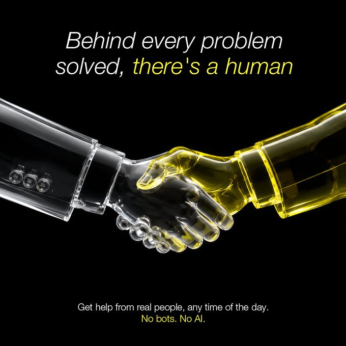 A handshake between transparent and yellow glass-like robotic hands, paired with the text "Behind every problem solved, there's a human" and "Get help from real people, any time of the day. No bots. No AI." This imagery visually reinforces CFT's commitment to human-only support, contrasting robotic hands to highlight that despite the digital nature of trading, their customer service remains exclusively personal and bot-free.