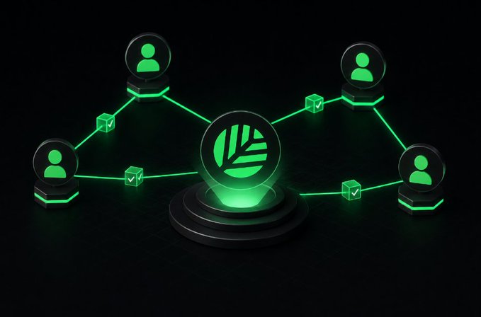 Glowing green 3D graphic showing a network of user icons connected by lines and verification cube symbols around a central leaf-themed logo.