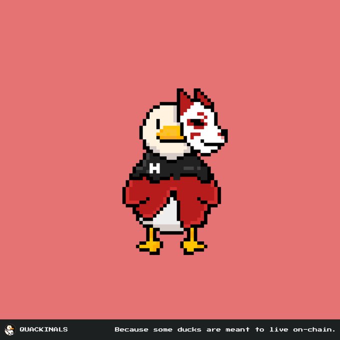 Pixel art illustration of a duck wearing a white mask, black shirt, and red pants against a pink background, with text reading 'QUACKINALS' and 'Because some ducks are meant to live on-chain.'