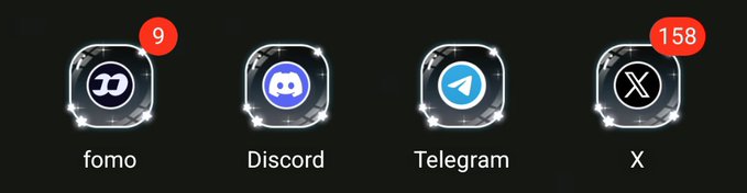 Four app icons displayed on a dark background: 'fomo' with 9 notifications, 'Discord', 'Telegram', and 'X' (formerly Twitter) with 158 notifications.