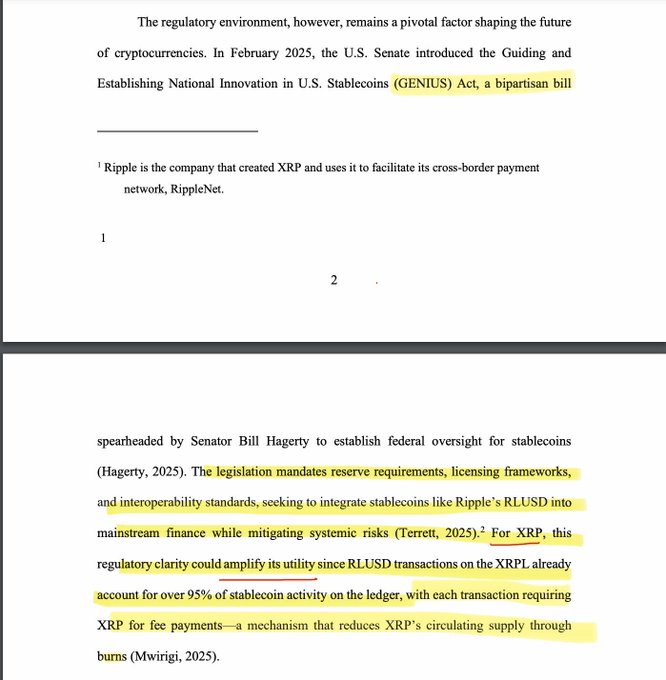 The image shows a document with yellow text that reads "THE GENIUS ACT IMPLEMENTATION COULD AMPLIFY THE UTILITY OF XRP". This suggests that there might be some connection between the act being discussed and the use of Ripple cryptocurrency, as it is referred to in the document.