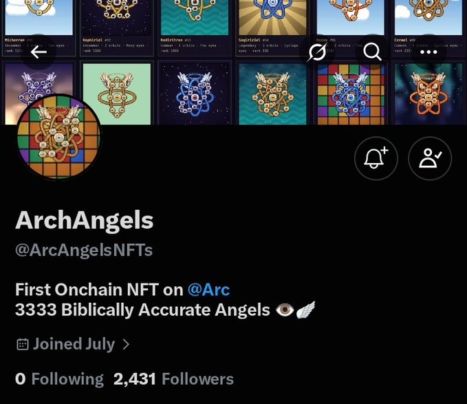 An X/Twitter profile for 'ArchAngels' (@ArcAngelsNFTs) promoting 'First Onchain NFT on @Arc' featuring '3333 Biblically Accurate Angels' with various angel NFT thumbnails displayed.