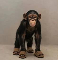 A young chimpanzee poses on a plain background wearing a pair of brown two-strap sandals that mimic the iconic Birkenstock design featured in the post's link to the new Solana-themed "Birkenstock" collection.