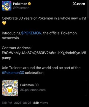 An X.com post from the verified Pokémon account (@Pokemon) celebrating 30 years of Pokémon by introducing $POKEMON memecoin, including a contract address, the hashtag #Pokemon30, and a link to 30.pokemon.com.