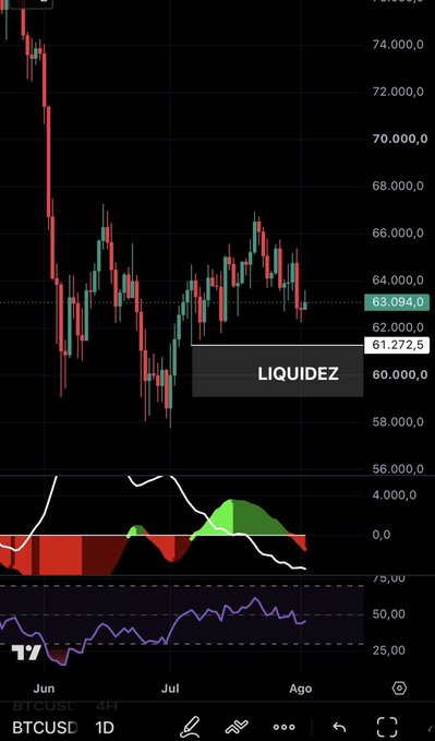 A TradingView BTCUSD 1D candlestick chart showing Bitcoin's price action between June and August, with key levels marked at $63,094 and $61,272.5, where the lower level is labeled "LIQUIDEZ" (Liquidity) — illustrating the post's point that the critical liquidity zone sits above $61k and will likely be reached.