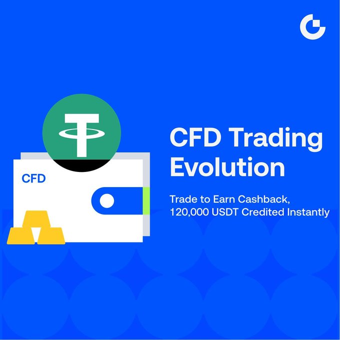 A blue promotional graphic featuring a wallet, gold bars, and a Tether-style crypto token alongside the text “CFD Trading Evolution” and “Trade to Earn Cashback, 120,000 USDT Credited Instantly.” It visually supports the post’s CFD trading and USDT rewards campaign, though no crude-oil chart is shown.