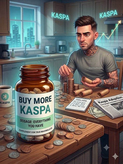 Illustrated cartoon of a tattooed man sitting at a kitchen table stacking coins, with a 'Buy More Kaspa' supplement jar and 'Kaspa Adoption' newspaper, watermarked @carlosofkaspa.