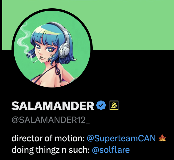 A social media profile card featuring an illustration of a teal-haired anime character smoking and wearing headphones, displaying the name 'SALAMANDER' with a verified checkmark and Solana ticker, and credits to '@SuperteamCAN' and '@solflare'.