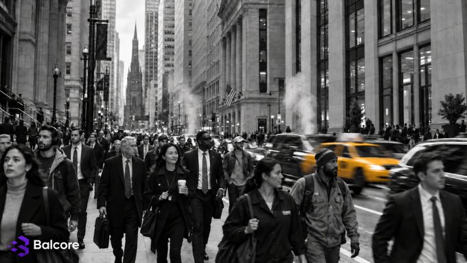 A black and white photograph of a busy New York City street with crowds of pedestrians and yellow taxis, watermarked with the Balcore logo.